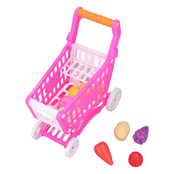 Indkøbsvognssæt til børn, pædagogisk indkøbsvogn til børn, legemad legetøj til læringsudvikling, pink