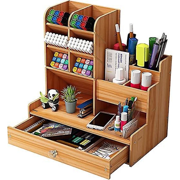 DIY Træskrivebordsarrangør, Stor Kapacitet, Opbevaringsboks med Skuffe til Hjem, Kontor og Skole (Kirsebær Farve)