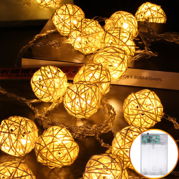 20LED Rattan Ball String Lights Romantisk Dekorativ Fairy Light til udendørs indendørs