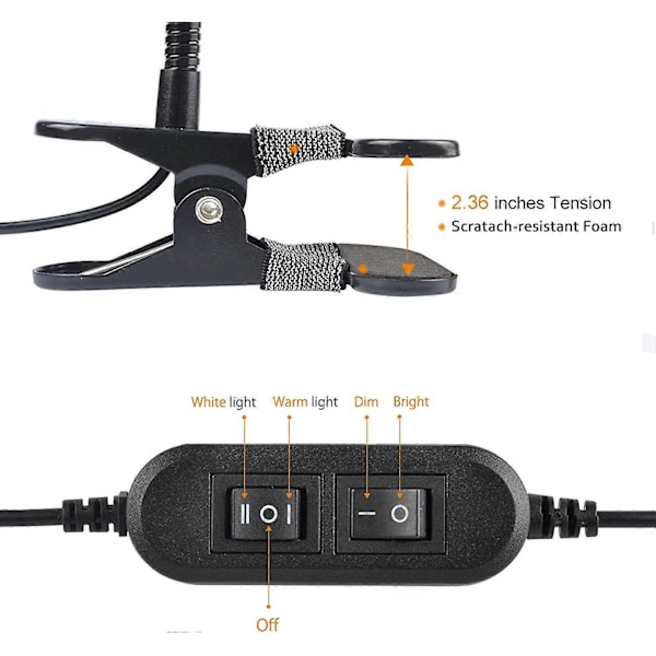 Clip-on Lampe/Leselampe/Lysfarge kan endres/Nattlampe Clip-on for Skrivebord, Sengegavl og Datamaskiner (Svart)