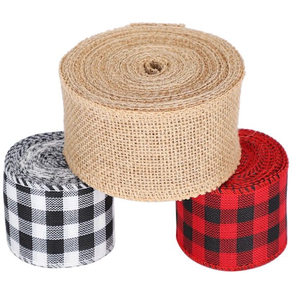 3 rullaa jouluaskartelunauhaa musta punainen musta valkoinen säkkikangas DIY-jousimateriaalit lahjapaketointi (6 cm)