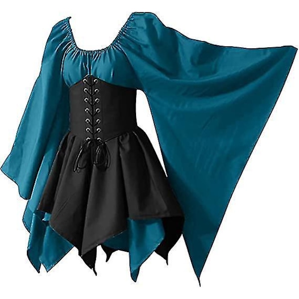 Middelalderlig Renæssance Pirat Korsetkjole med Flare Ærmer - Traditionel Irsk Kort Kjole (4XL, Himmelblå/Sort)