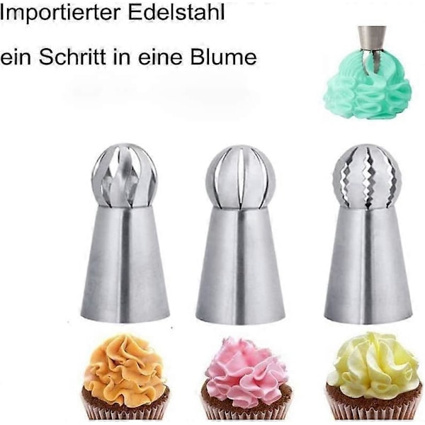 3 stk. Konditor-tipper, dekorasjonstilbehør i rustfritt stål til sprøyteposer - Kakedekorering for pai, kjeks, bakverk, godteri, kake, cupcakes og cookies