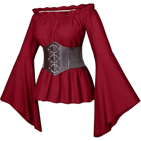 Ruffled Smocked Waist Victorian Pirate Blouse Set for Women XX-Large Red