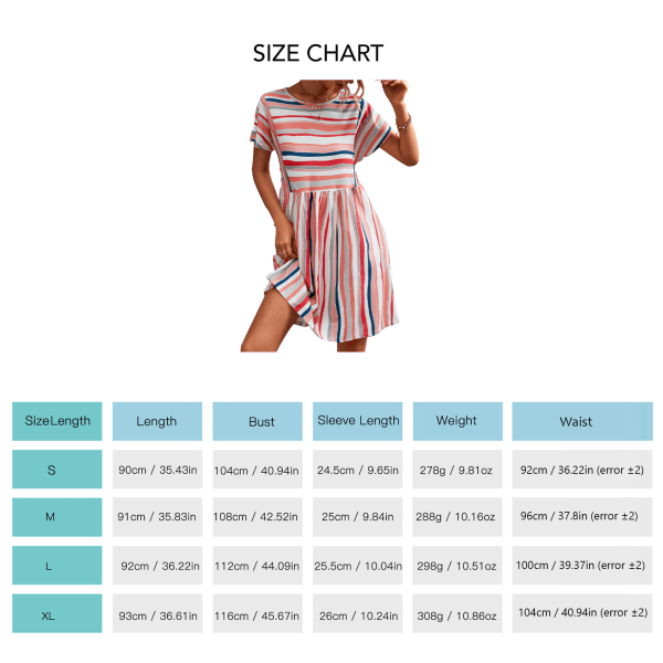 Afslappet løs kjole med rund hals med stribet tryk - Kortærmet sommerkjole til kvinder (orange pink) S