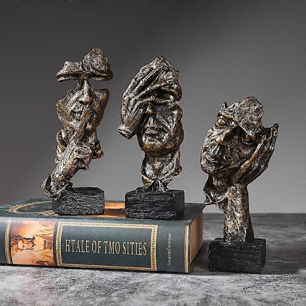 Gullsett med 3 kreative abstrakte skrivebordsdekorasjoner Tenkeren-statue, hånd- og ansiktsstatuer og skulpturer for hjemmestueinnredning - Ikke hør