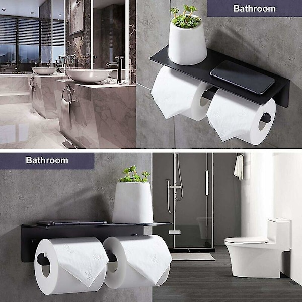 Toiletpapirholder Selvklæbende Dobbelt Toiletpapirrulleholder Ingen Boring til Badeværelse og Køkken Mat Sort