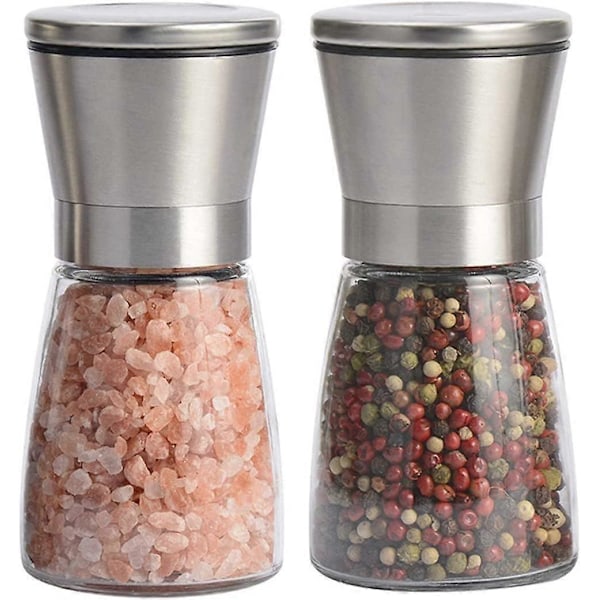 Stor Salt- og Pepperkvern [Sett med 2] Børstet Rustfritt Stål Pepperknuser, Justerbar Grovhet, Ikke-Korrosiv Rotator