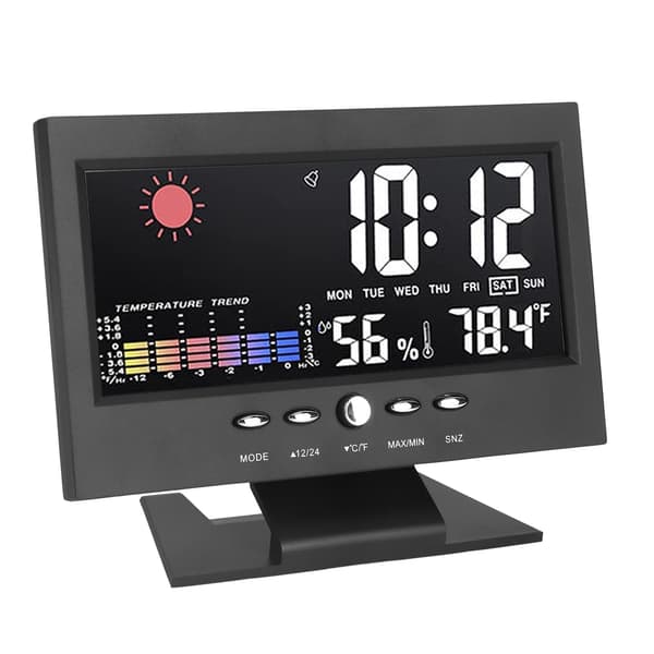 Sääennustekello ABS LED -värinäyttö Monitoiminen lämpötila- ja kosteushälytyskello Musta