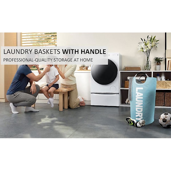 Amazon Brand – Vasketøjskurv, Vasketøjspose, Vasketøjskurve med stor kapacitet, Sammenklappelig Vasketøjskurv til Snavset Tøj - Lyseblå, 90 cm