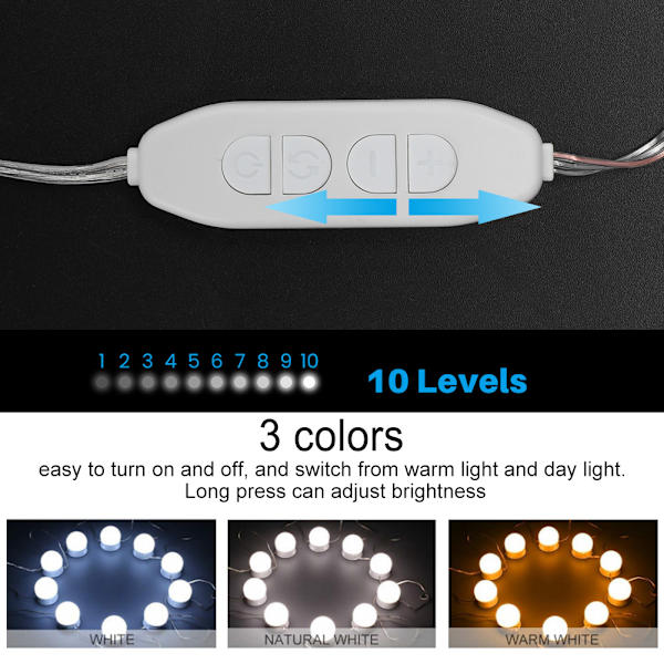 10 LED-lampor med tre färgtemperaturer, dimbar spegelbelysningssats för sminkbord med USB-kabel, tre färgtemperaturer