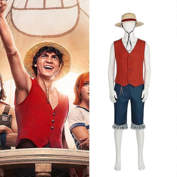 Live Action One Piece Luffy Cosplay Kostume Vest Stråhat Halloween Karneval Sæt without straw hat 2XL