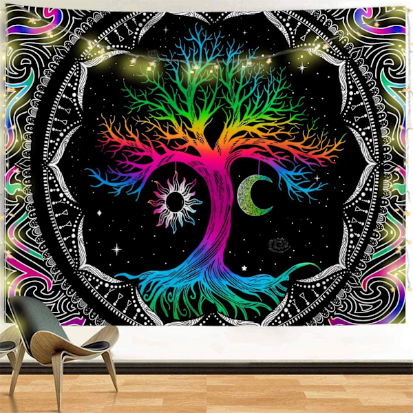 Kuu- ja aurinkokuvioiset seinävaatteet Elämänpuu UV-fluoresoiva psykedeelinen kuvakudos Mandala Elämänpuu-kuvakudos, makuuhuoneen sisustus seinävaate