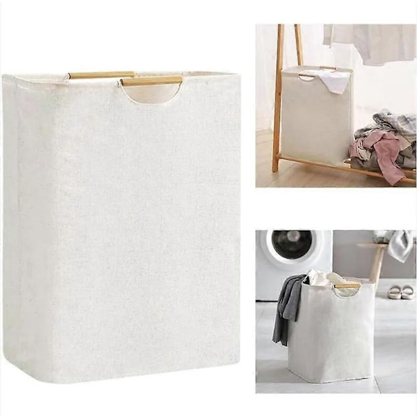 pc Beige Vasketøjskurv 56 x 40 x 27 cm, Stor Kapacitet Foldbar Vasketøjskurv Oxford Stof med Træhåndtag, Vasketøjskurv til Soveværelse Stue