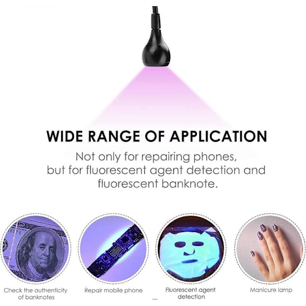Stor Chip Svart LED UV-lampa med Svanhals och Klämma för Gel & UV Nagelhärdning, Mobiltelefonreparation - 395nm, 5V USB-ingång