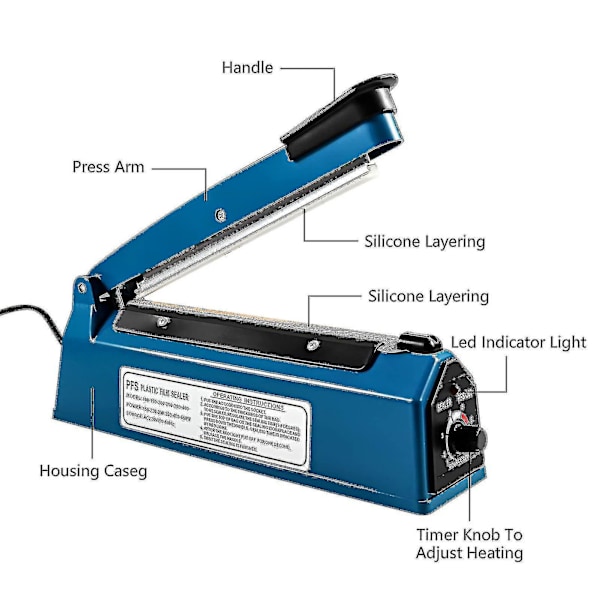 Blå 200mm Varmesæler Impuls Vakuum Madpakningsmaskine til PP og PE Plastikposer