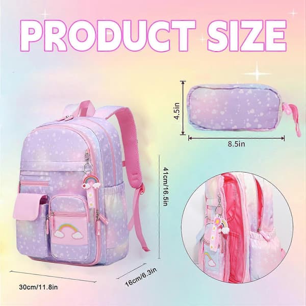 School Backpack Set, Girls Rainbow Backpack Cute Backpack for School Laptop Travel Bag With Pencil Case