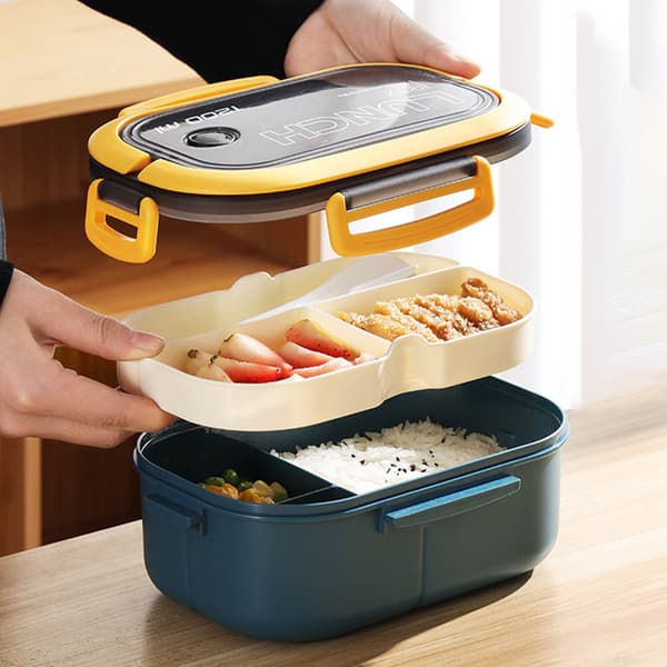 1200 ml Bento matboks med dobbeltlags isolasjon og gaffel/skje for studenter og kontorarbeidere, blå