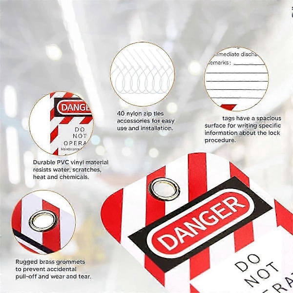 Lockout Tagout-taggar, 7,6 x 14,6 cm, 40 \"Fara - Får Ej Användas\"-taggar med 40 buntband, riv- och vattenresistenta taggar