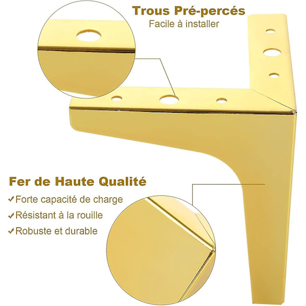 Set med 8 guldmetallsoffben 10 cm med 40 skruvar - Stöder upp till 600 kg - Möbelben för soffa, tv-skåp