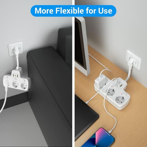 Multiple Sockets with Individual Switch, Power Strip with USB-C 3 Sockets and 3 USB Chargers, Wall Socket with Multiple USB Sockets, Short Cable
