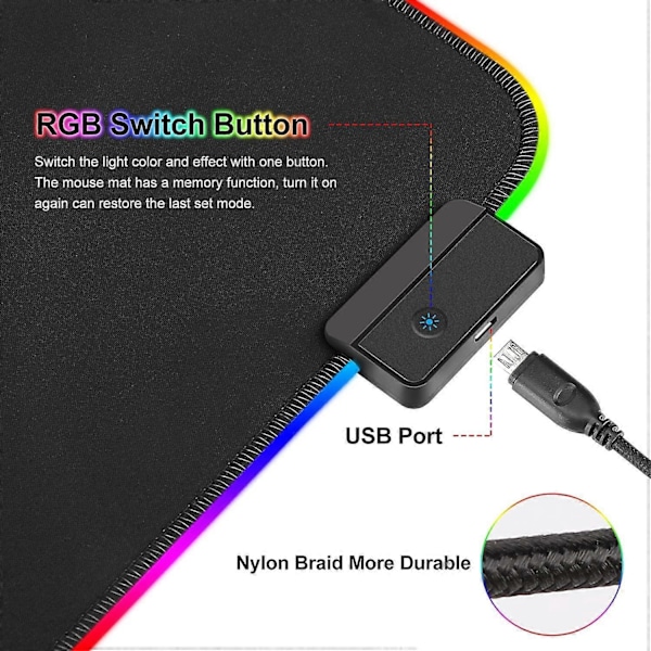 RGB Gaming Musemåtte XXL (800 x 300 mm), 7 LED-lyseffekter, vandtæt, skridsikker, slidstærk til Gamer, Computer, PC