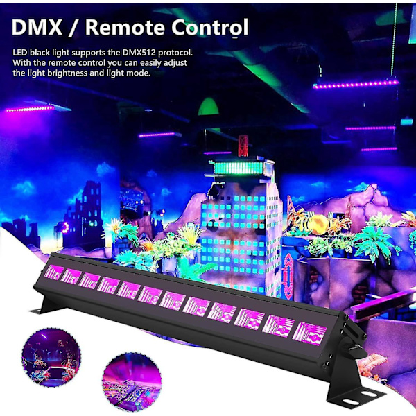 Bærbar scenelys: 36W LED UV-lysrør med fjernbetjening, DMX512 sortlys til fest, pub, bar EU-stik
