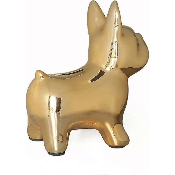 Keramisk Bulldog Spargris för Pojkar Flickor, Pengabox för Barn, Myntbank Minnessak med Plastpropp, Fransk Bulldog Sparburk, Barnrumsinredning (Guld)