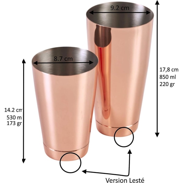 Kobber Boston shakersæt med vægtede dobbeltkrus - 850 ml og 530 ml rustfrit stål roseguld