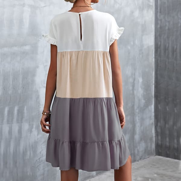 Klassisk kjole med farvekontrast og patchwork - Flæsekanter, maskinvaskbar (Sommer Khaki, L)