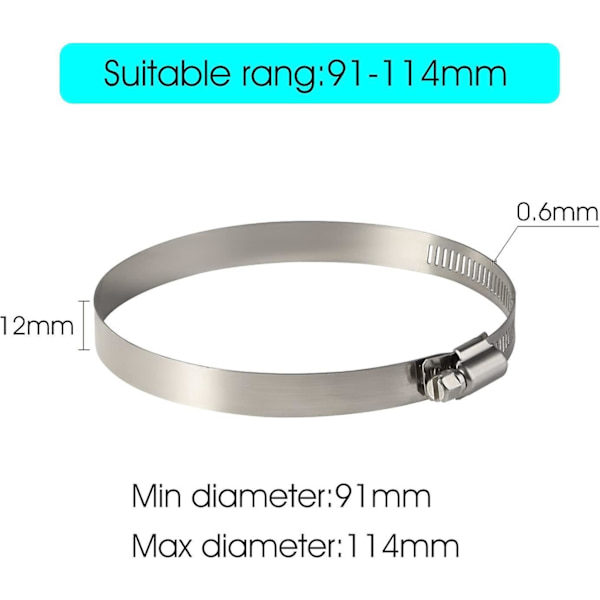 4 stykkers justerbar slangeklemme i rustfritt stål for feste av fleksible slangerør (91-114 mm) - engelsk