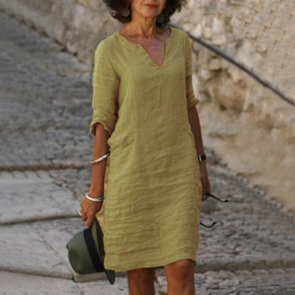 V-hals baggy bomull lin midi kjole XL khaki