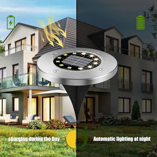 4 Pakke Solcelle Ground Lights, 12 LED Varm Hvit Solcelle Utendørs Lys, IP65 Rustfritt Stål Vanntett, Plen, Hagegang, Hage