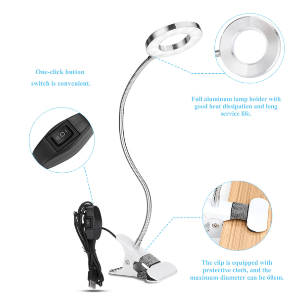 Sminklampa med klämma - USB Circle LED-lampor för skönhetssalong, ögonbryn, läpptatuering och skrivbord