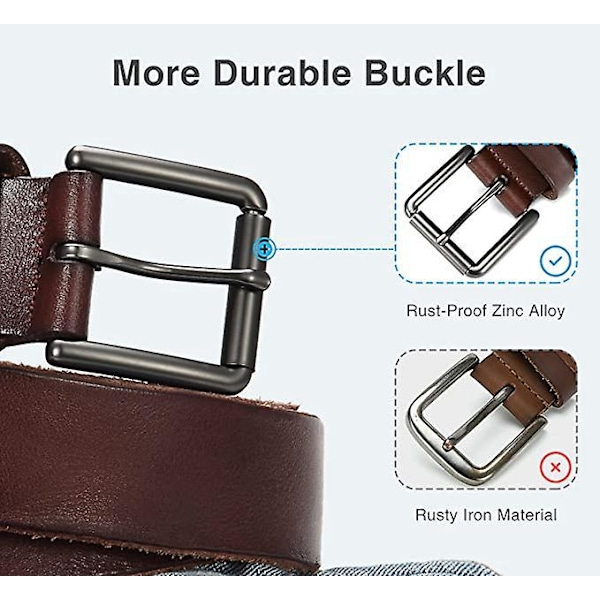 Ægte læder herre bælte - 38mm fuldnarvet læder bælte til jeans og arbejde - Brun/sort (størrelse 130cm, 3,8mm tyk)