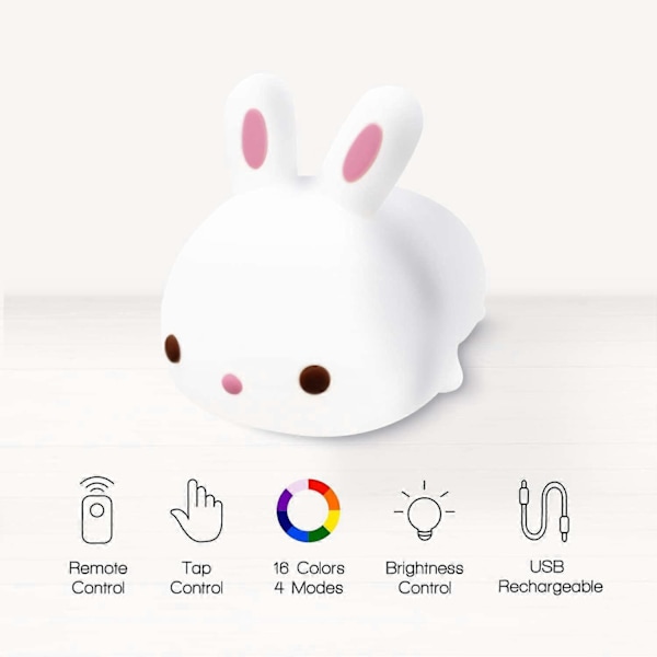 Söt Squishy Kanin Nattlampa - Silikon Kaninungar Husdjur Barnkammare Färgskiftande LED Dekor Sovlampa med Touch Sensor och Fjärrkontroll f