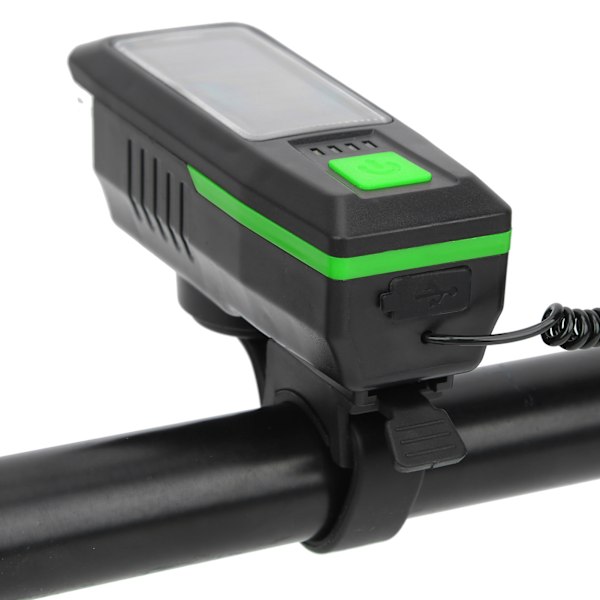 Solcelledrevet USB-opladningscykellys Forlygte Lommelygte Cykeltilbehør med Advarselshorn Sort og Grøn
