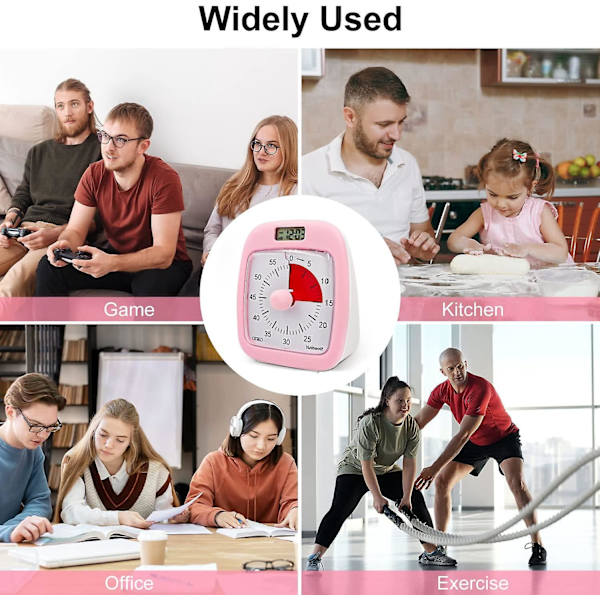 Pink Børnetimer: Visuel Timer med Ur, Natlys og 60-minutters Lydløs Alarm