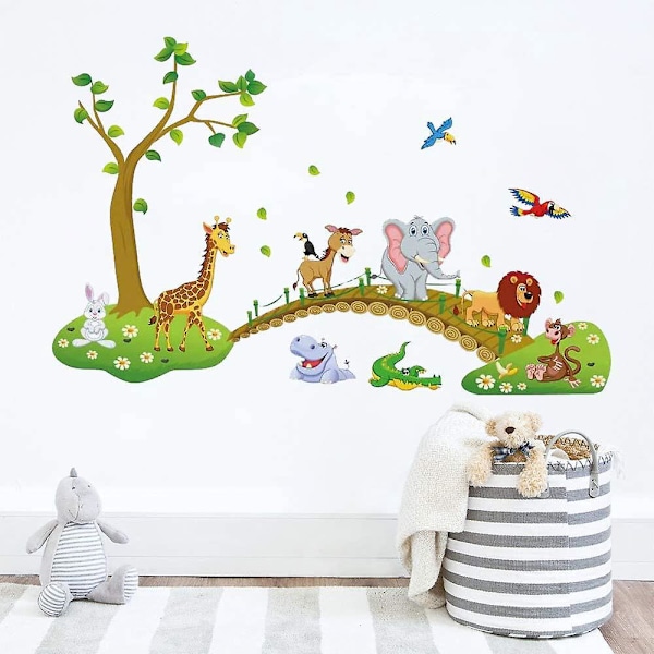 Jungle Dyre Wall Sticker Sæt - Giraf, Elefant, Abe - Fjerner Træer - Perfekt til Børneværelse og Baby Stue Dekoration