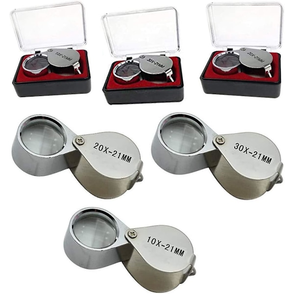 3-delad 10X / 20X / 30X Juvelerarslupp Glas Diamant Lupp Metall Rund Kropp Juvelerarslupp för Ögon Lupp 21mm Linsdiameter