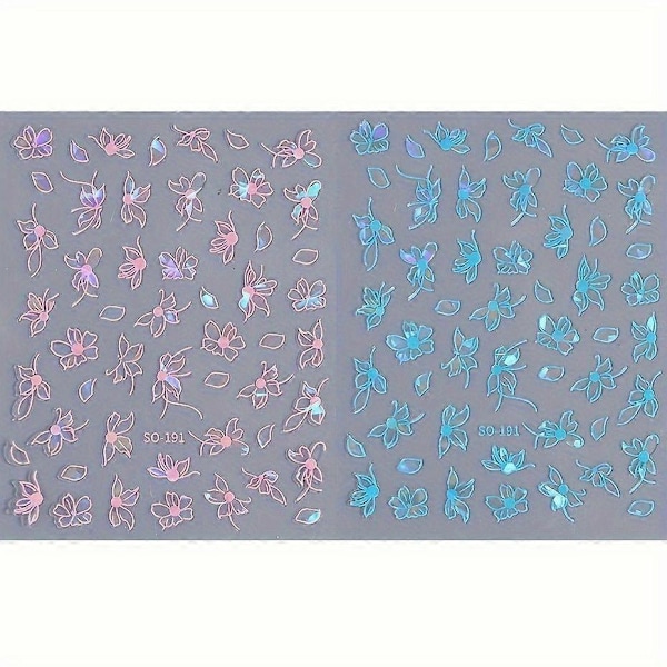 2 stk. Sjarmerende Holografisk Laser Blomsterdesign Negleklistremerker for DIY Neglemaling Elegante Kronblad og Fe-linje Dekaler SO-191 Rosa Blå