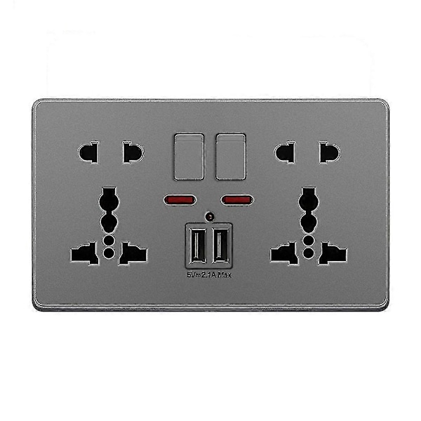 Multifunksjonell UK 13a Veggkontakt Trykknapp 2.1a Doble USB-ladeportar Tre-hulls To-hulls Hjem Zekai Grå