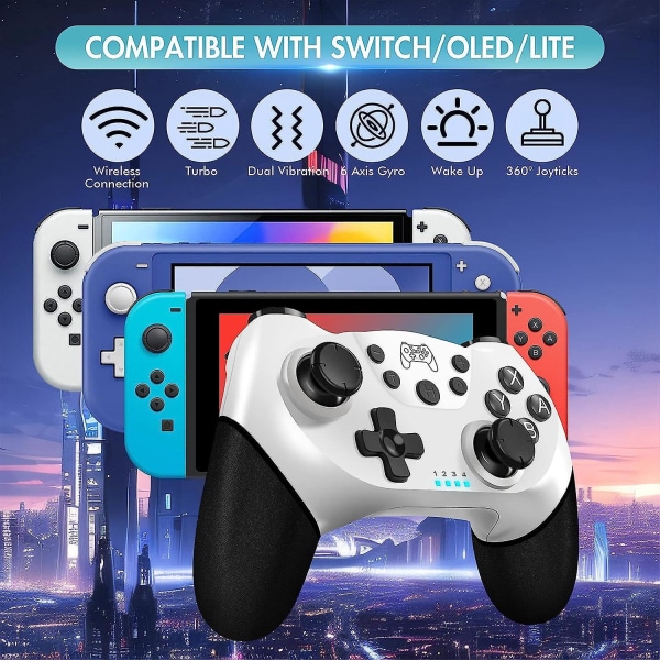 Switch Pro-kontroller, trådløs spillkontroller for Nintendo Switch/Switch Lite/Switch OLED med vekkefunksjon, turbo og gyroakser (hvit+svart)