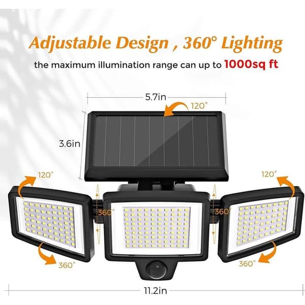 2500LM 210 LED Outdoor Solar Powered Security Light, 3 Head Motion Sensor Lights, IP65 Waterproof, Wall Lights with 3 Modes, 1 Piece White
