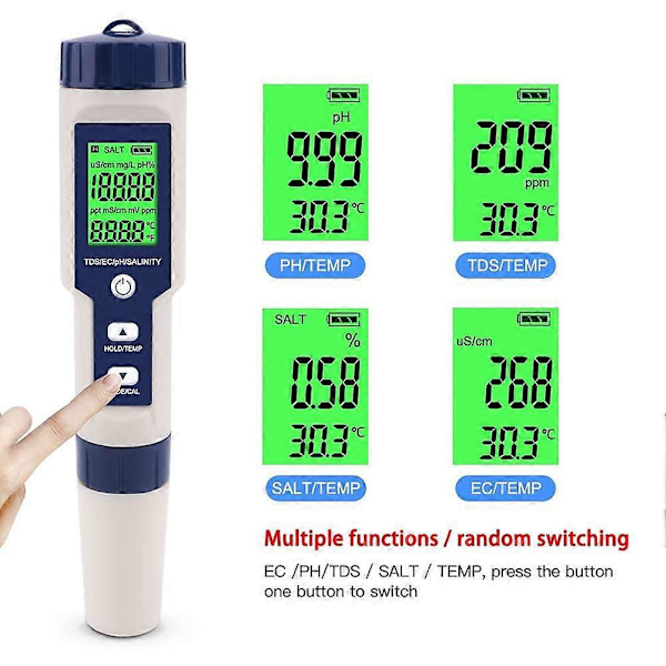 5-i-1 Elektronisk PH-mätare, Mät Ph & TDS & EC Salthalt & Temperatur Vattenkvalitetstestare, LCD-display och Läsnoggrannhet