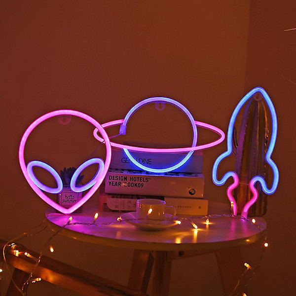 Neon Veggdekorsett - LED-lys for soverom - Rom-elementer Alien Planet Rakett - Kult barneromdekorasjon