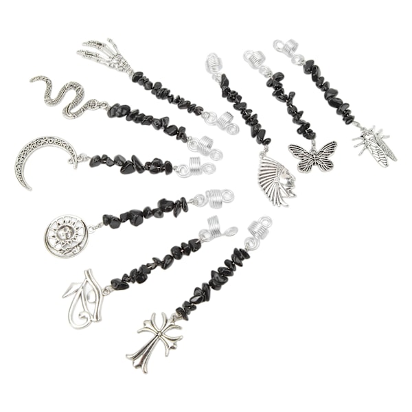 9PCS Skjeggpynt Dreadlock-anheng DIY Hår-flette Tilbehør Metallfjær Sorte Steiner