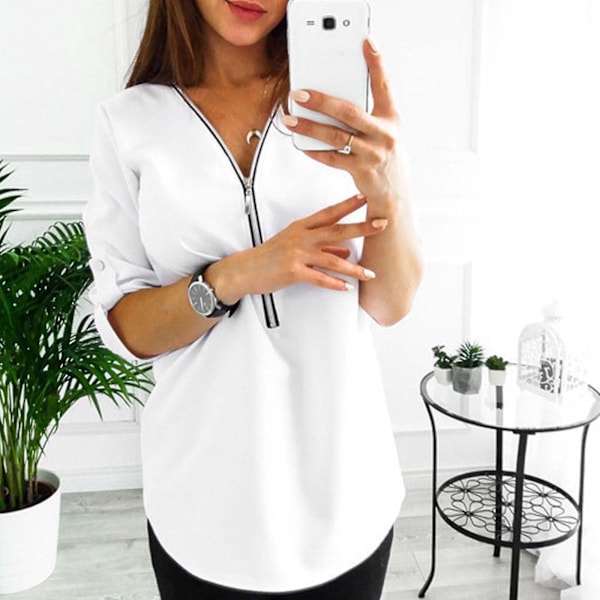 Sommerhvit Chiffon Zip Tee Bluse for Kvinner, Plus Size Sweatshirt