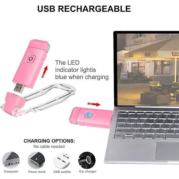 Bärbar USB-uppladdbar LED-boklampa med klämma, 3 dimbara ljusstyrkor för ögonskydd, rosa