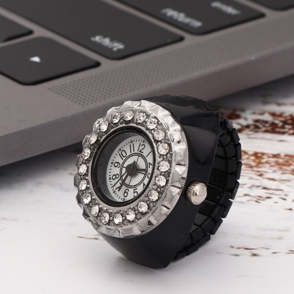 Finger Ring Watch Shining Rhinestone Dekoration Quartz Ring Watch for WomenSvart